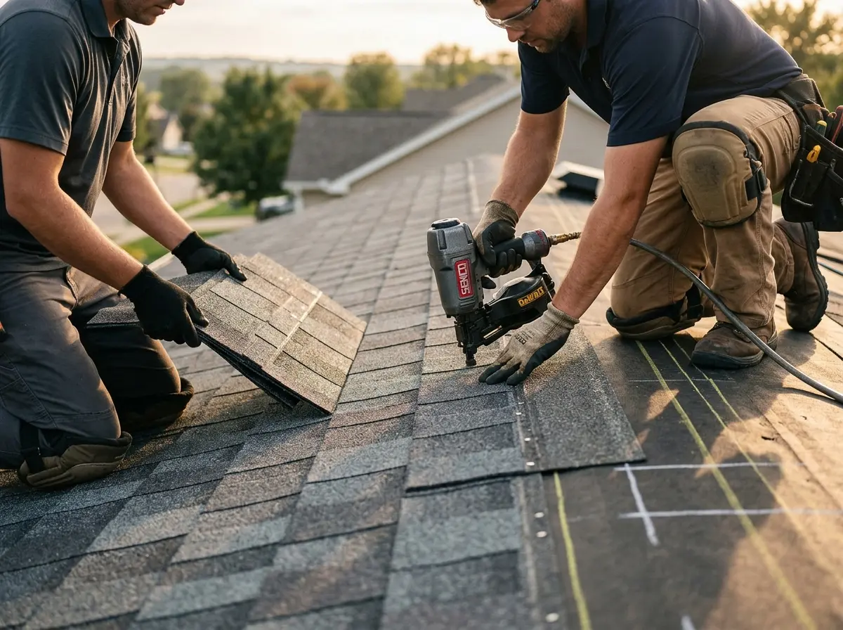 Professional roofer working on a residential roof in Josephine